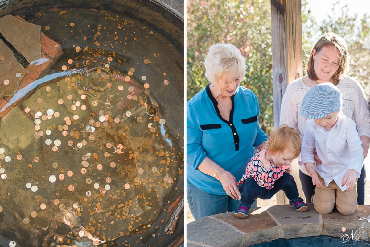 child throwing coins in wishing well at Huntsville childrens garden