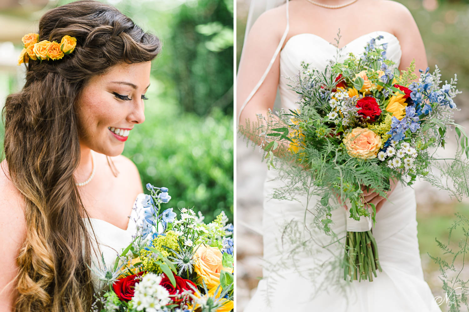 BRIDE LOOKING AT HER BOUQUET OF YELLOW ROSES AND SUNFLOWERS