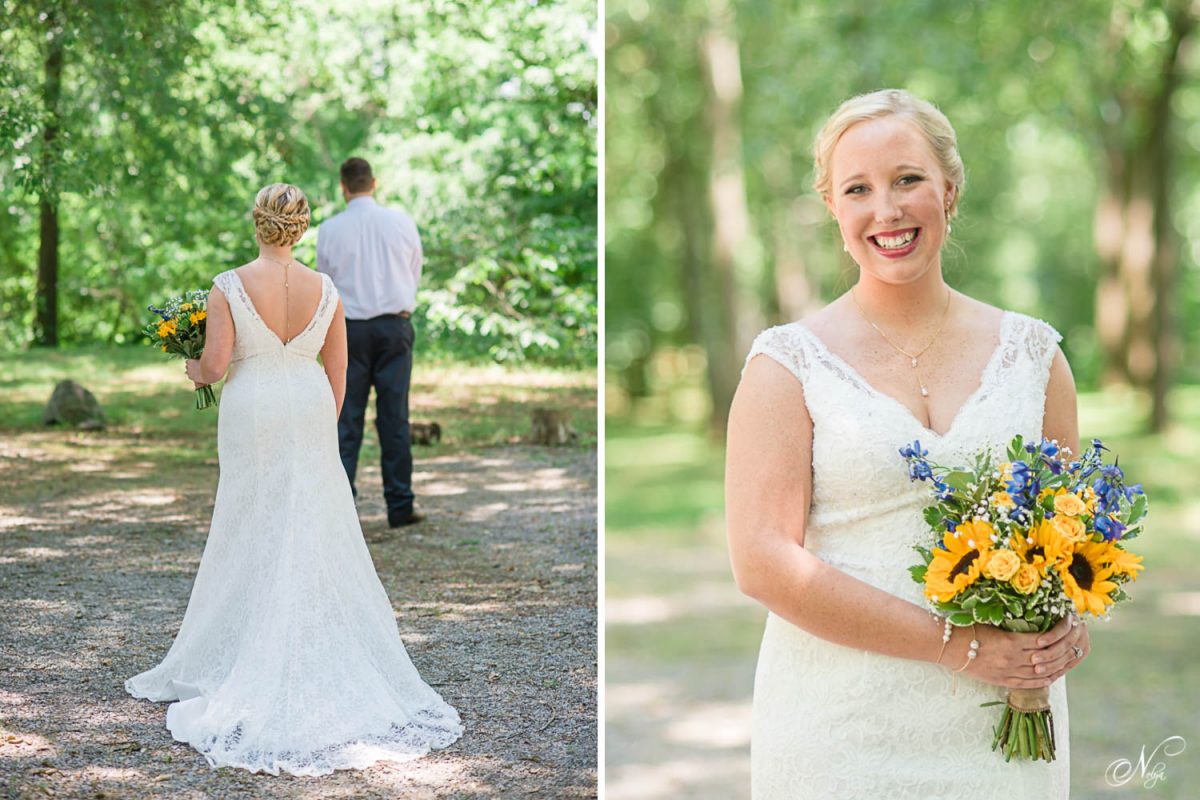 first look on wedding day at Hiwassee River Weddings. And bride with sunflower bouquet