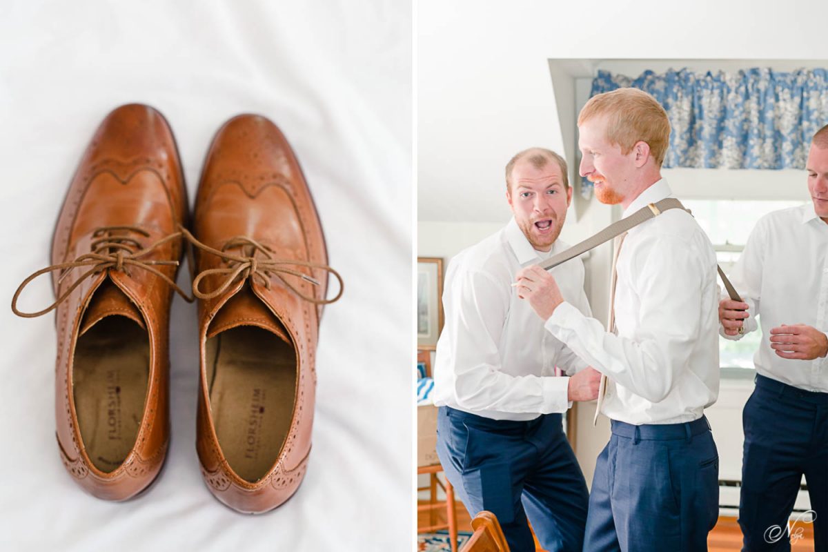 groom's shoes and guys helping groom put on suspenders