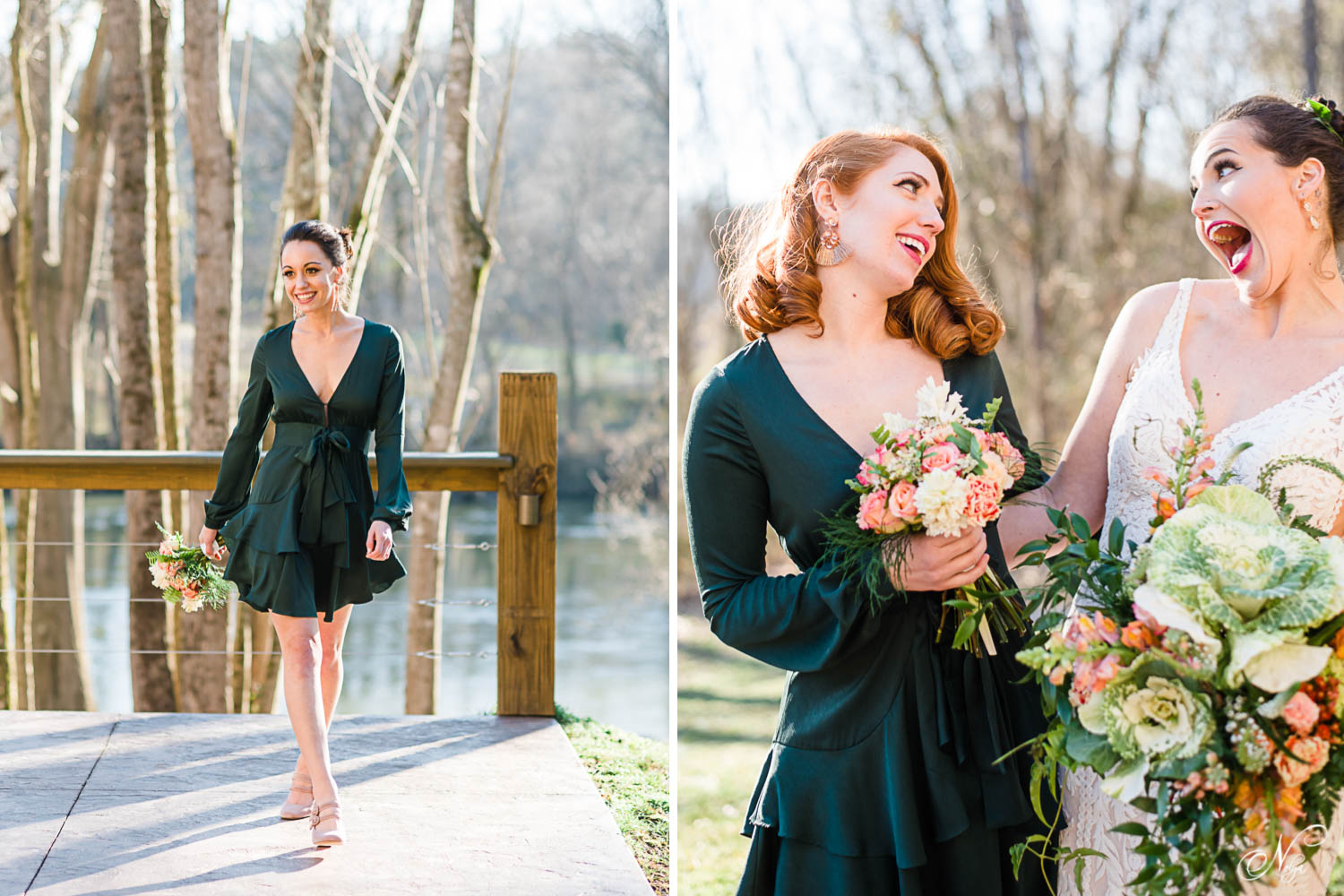bridesmaid in cute chort dark green dress from Luxe Bouticue and bride laughing with bridesmaid