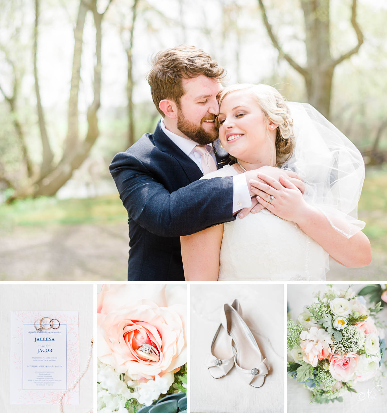 bride and groom at the Hiwassee river in early spring.Wedding invitataion with wedding rings sitting on it. bouqueat of pink and white flowers. white mini heeled white wedding flats.