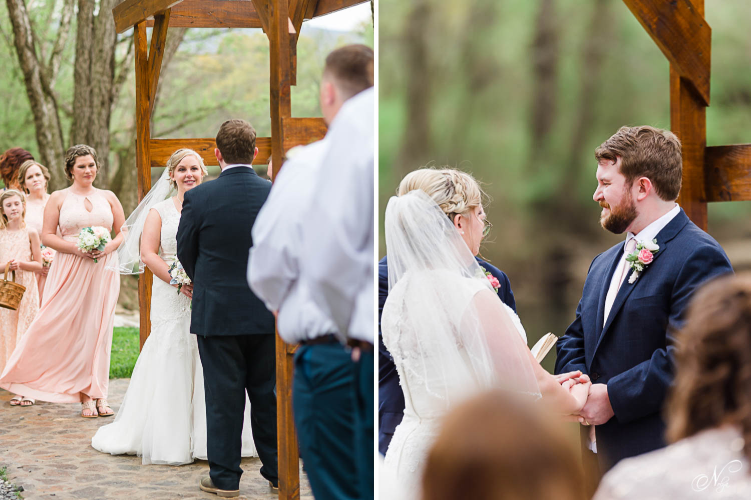 outdoor wedding ceremony by the river in east TN under wooden arbor.
