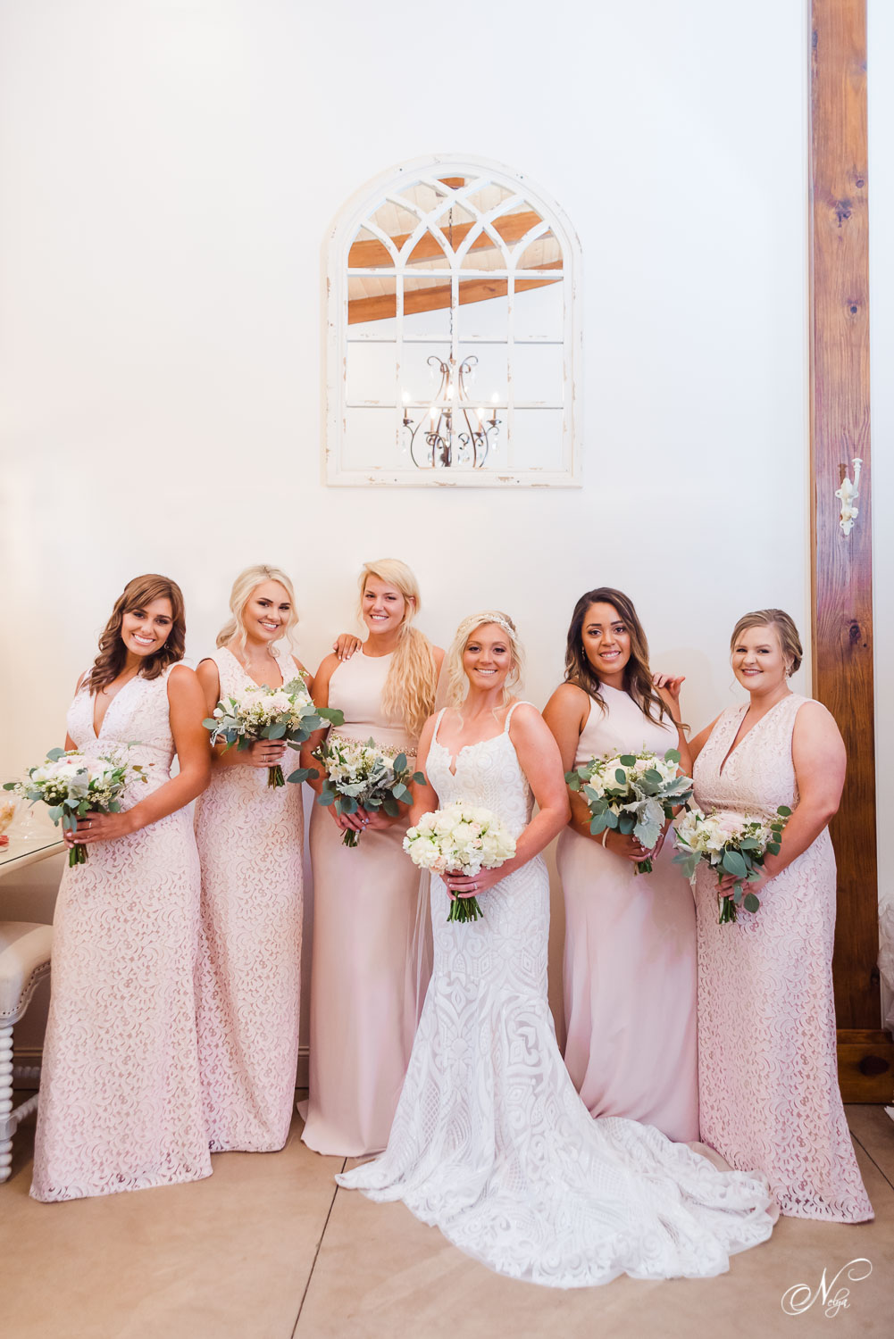 six bridesmaids and brise in blush dresses in the bridal room at Hiwassee river weddings
