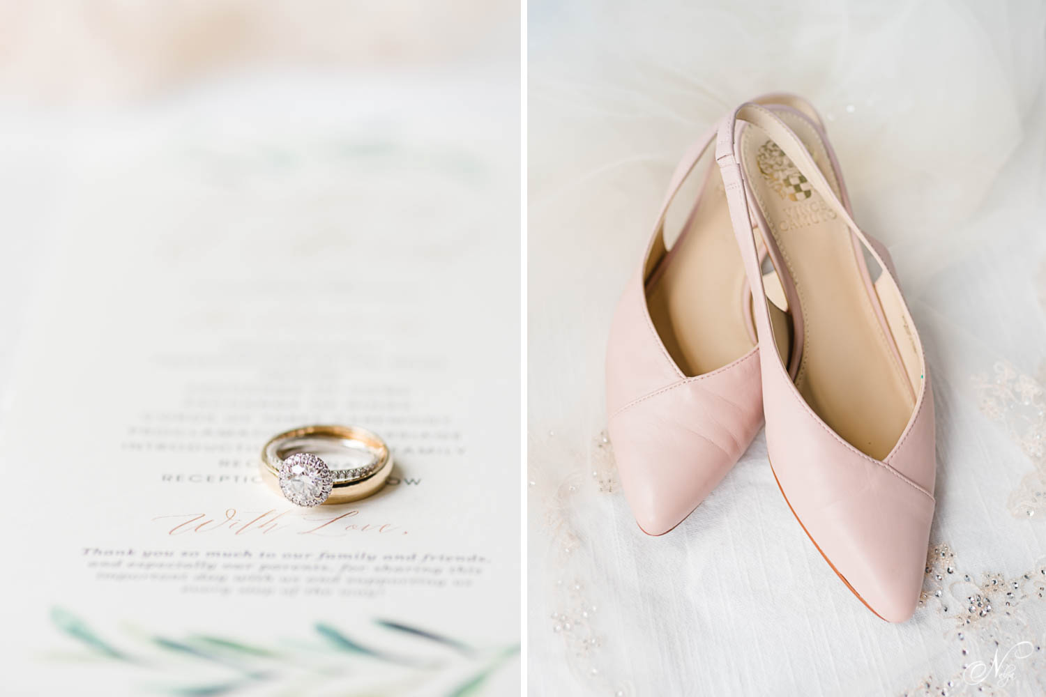 wedding rings sitting on invitation with gold script writing. and pink leather Vince Camuto slippers