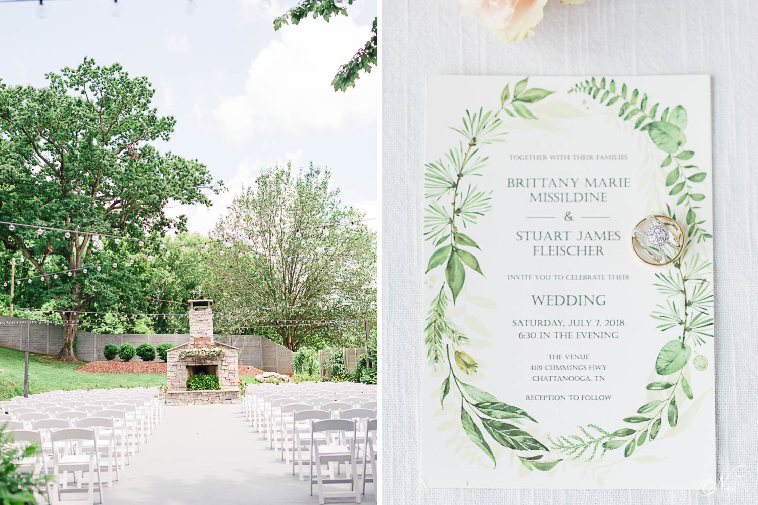 the Venue Chattanooga's outdoor wedding ceremony area. And a green and white invitation