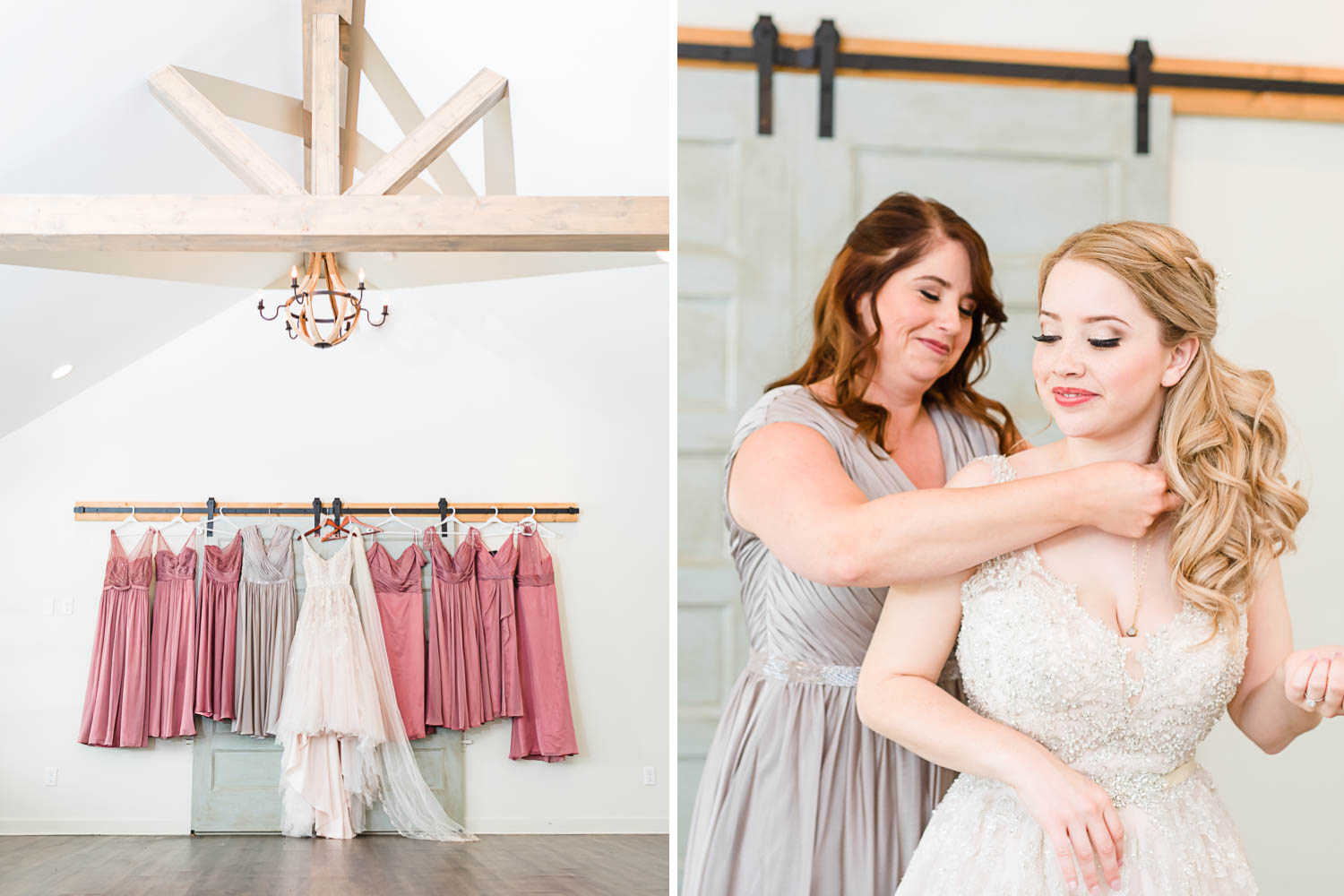 dusty rose colored bridesmaids dresses inside the cottage at The Venue Chattanooga. And Mother of bride helping button up brides dress and put on her necklace