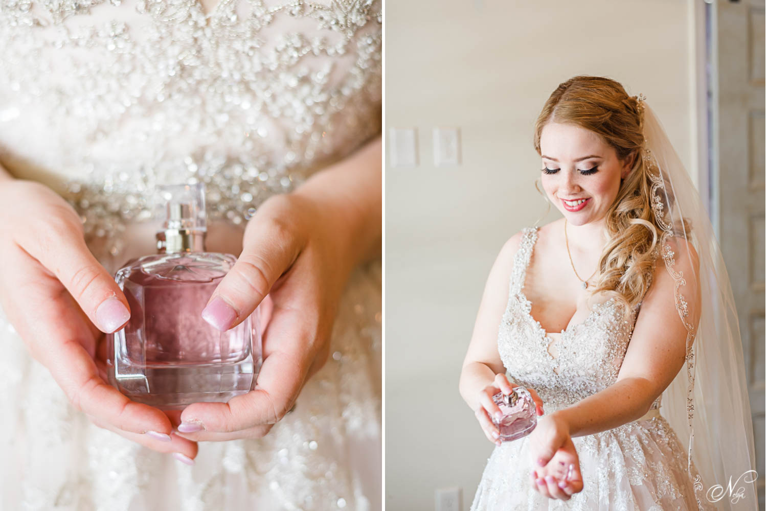 perfume bottle in woman's hands. And bride putting perfume on her wrists near a window on her wedding day.