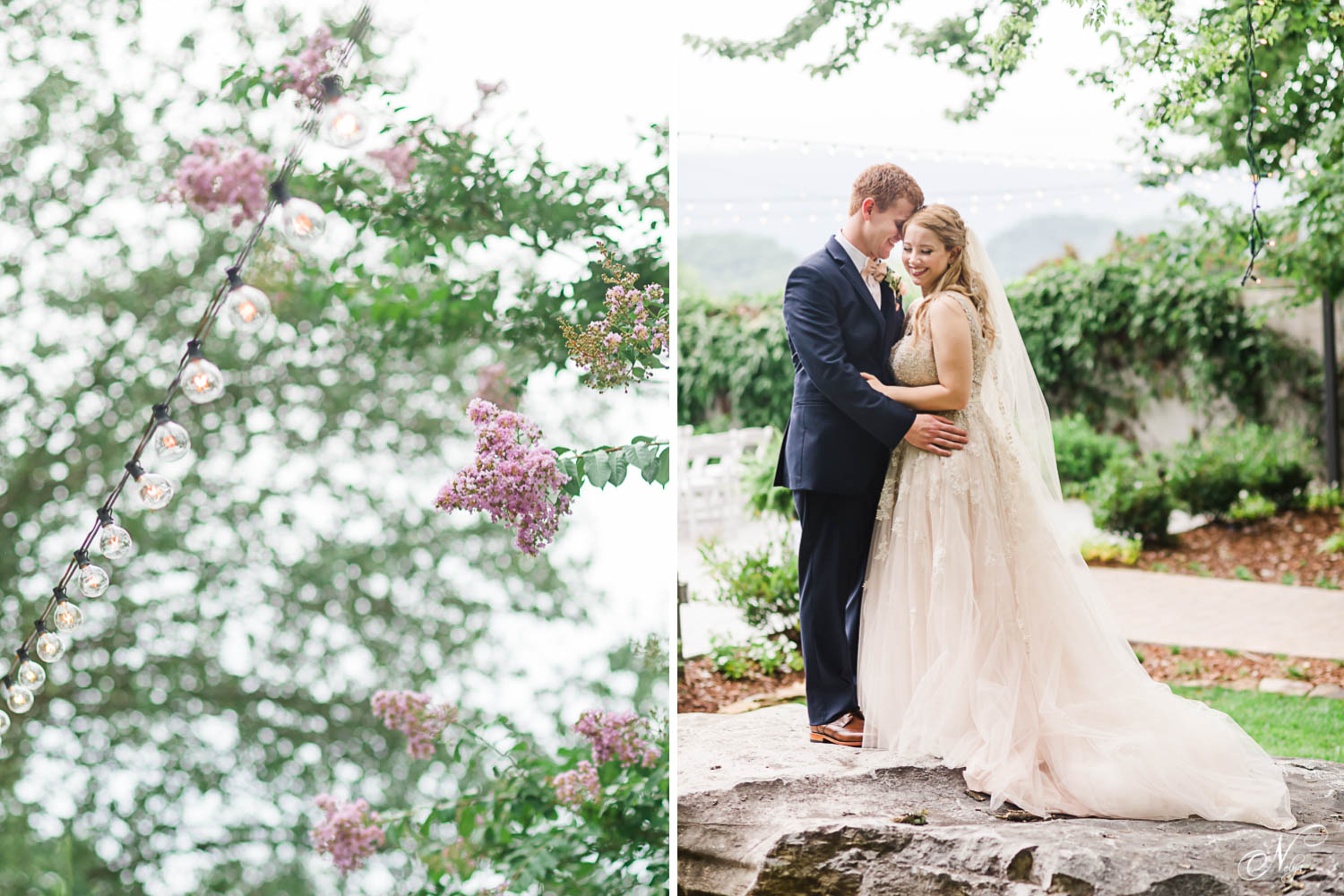 blooming pink lavender crepe myrtle. And bride and groom outside standing on limestone rocks with Chattanooga in the background