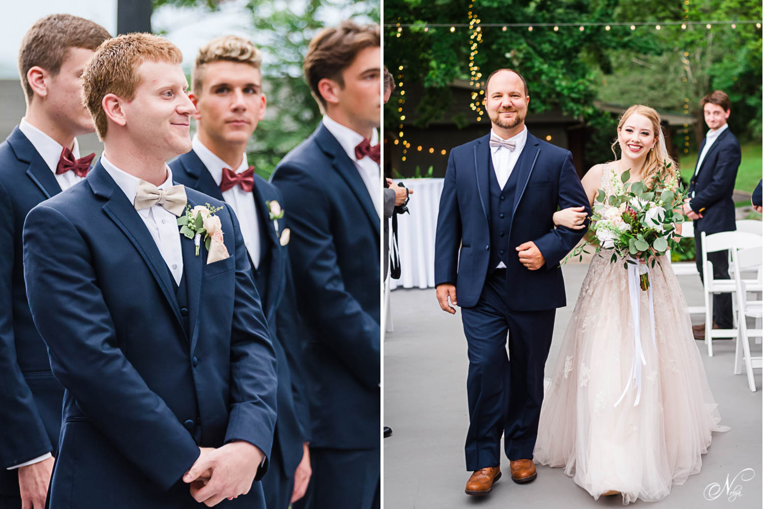 red headed groom in navy suit and cream colored bowtie seeing his bride walk down the aisle. And bride and her dad walking down the aisle at the outdoor garden ceremony in Chattanooga TN