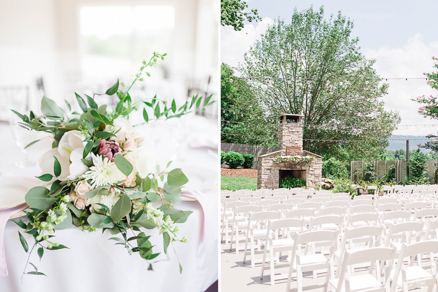 florals by Lilly Lou of Hixon on a white background and the outdoor fireplace with white wedding ceremony chairs at the garden in Chattanooga TN