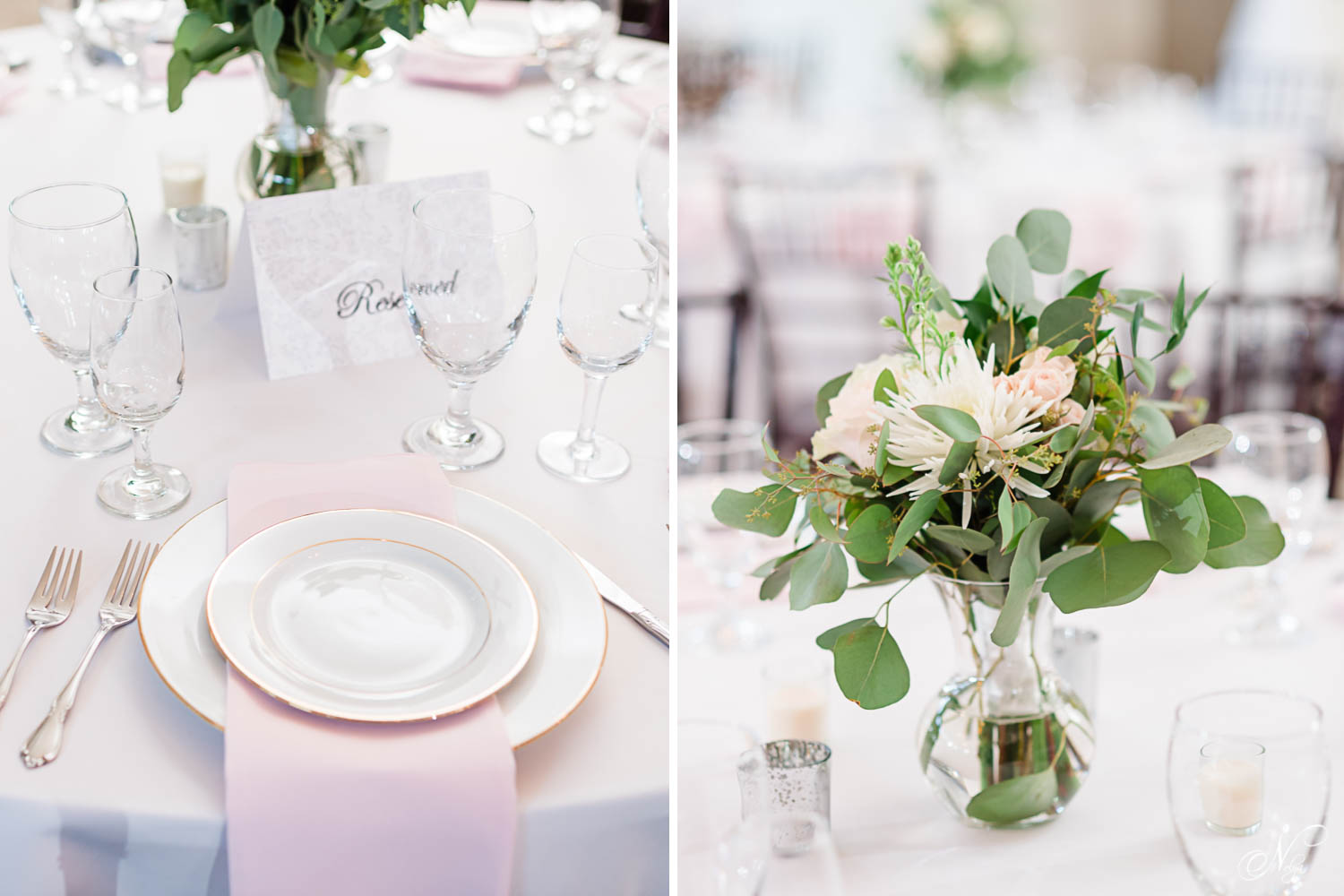 golld rimmed plates with light pink napkin place setting by Lilly Lou event rentals in Chattanooga