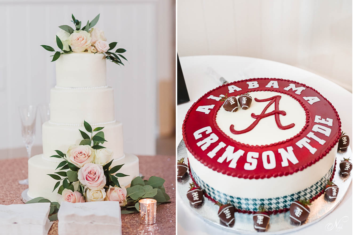 Gorgeous white five tiered wedding cake with pinkroses. And An Alabama Crimson Tide groom's cake with chocolate covered Strawberries made by Kimmies Cakes 