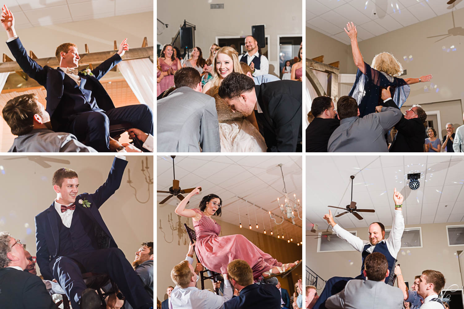 miltiple photos of wedding guests being lifted up in a chair at the wedding reception.