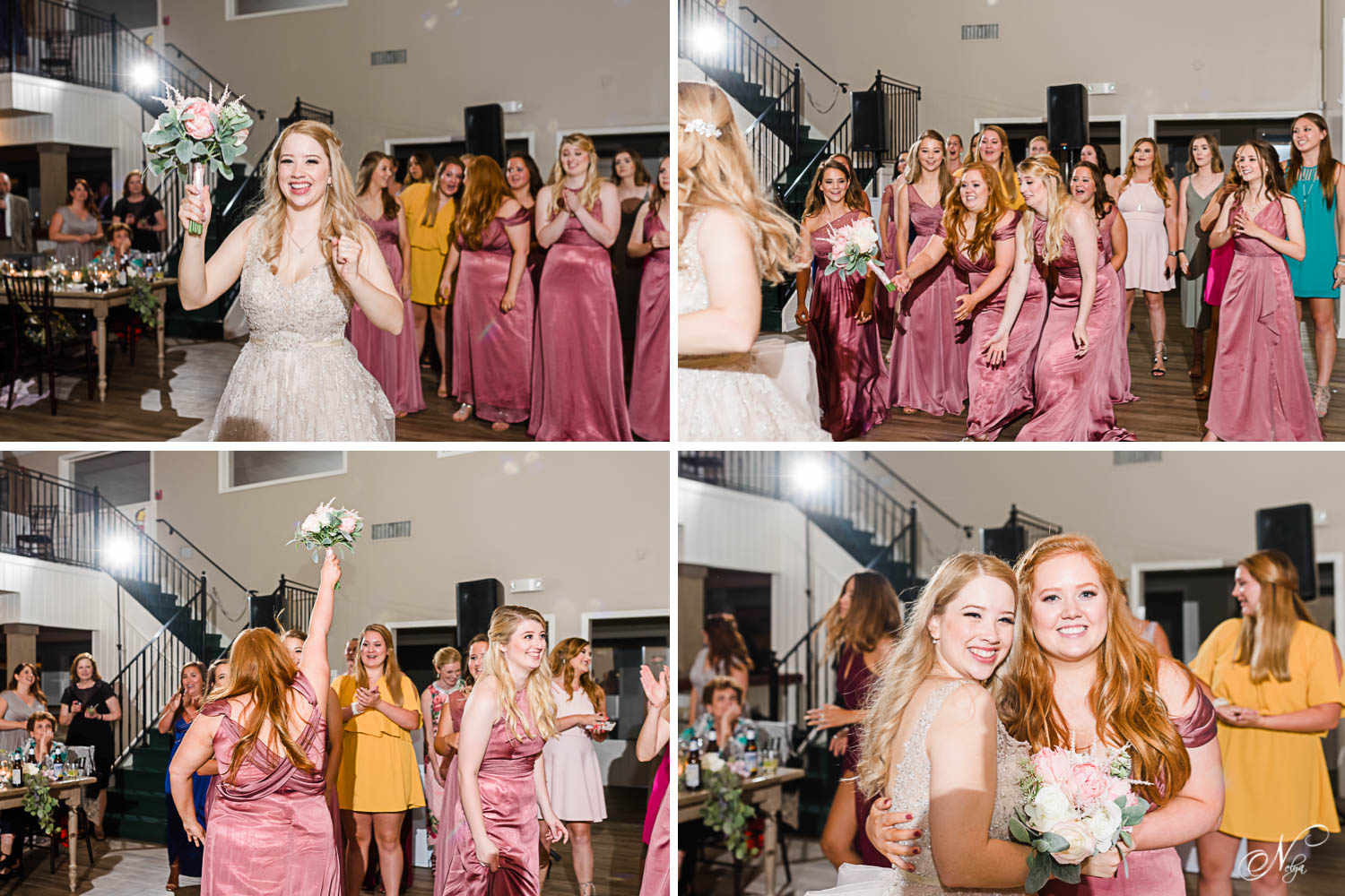 bride throwing her bouquet to her bridesmaids. one bridesmaid catching the bouquet and screaming with joy!