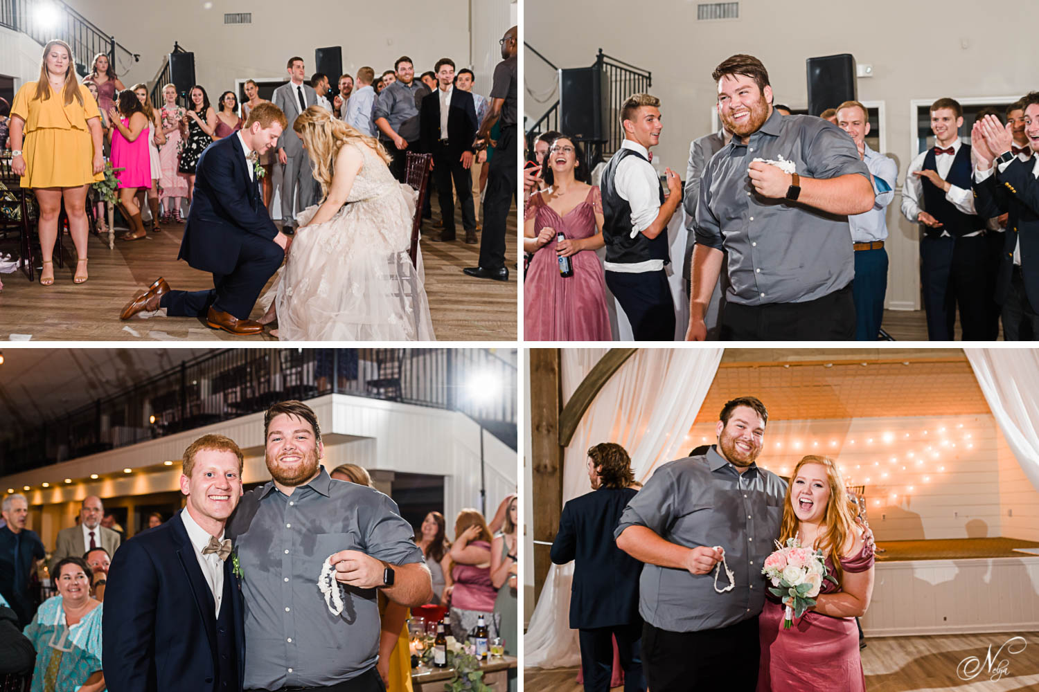 groom removing bride's garter and tossing it to single guys at wedding reception