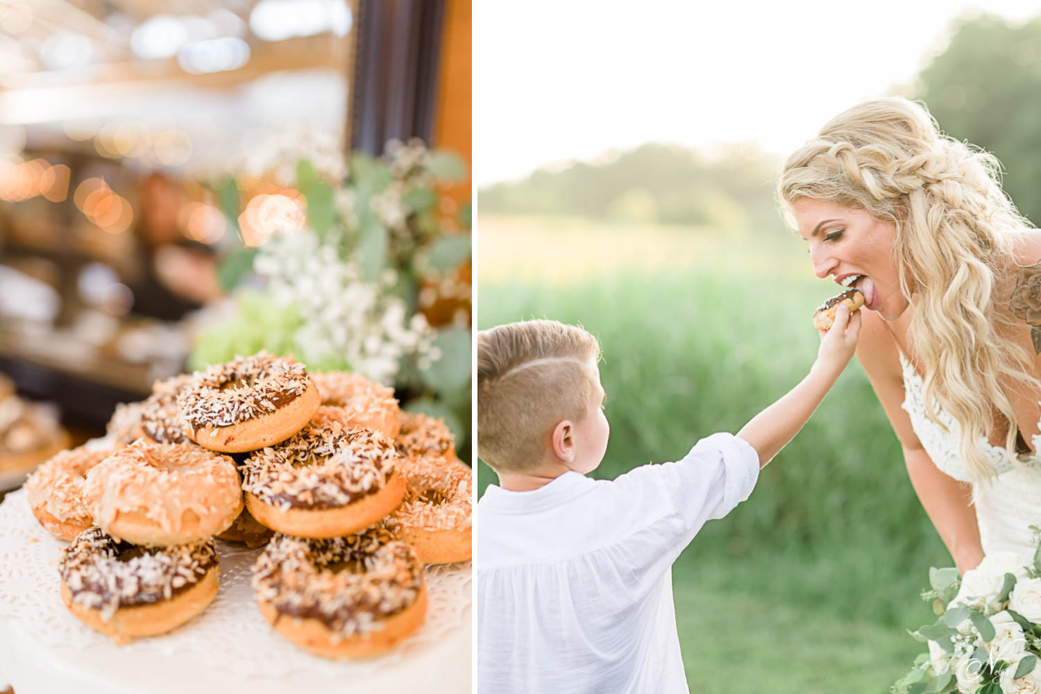 vegan donuts from Cashew Chattanooga as wedding cake. And boy feeding bride a donut