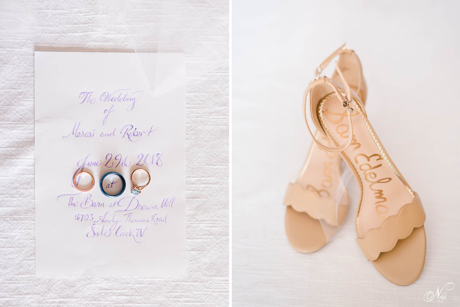 rose gold wedding ring and mans blue wedding band. tan wedding shoes on white background