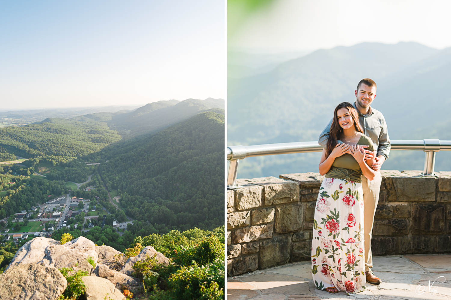 The mountain views, rock outcroppings and whole town of Cumberland Gap seen from above at the Pinacle overlook. And a couple enjoying the view at sunset