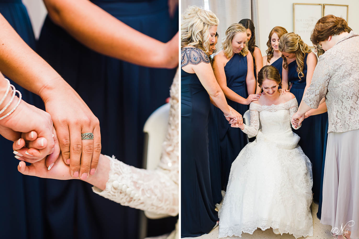 Close up of hands praying. And bride sitting in chair with bridesmaids and moms praying with the bride before her wedding
