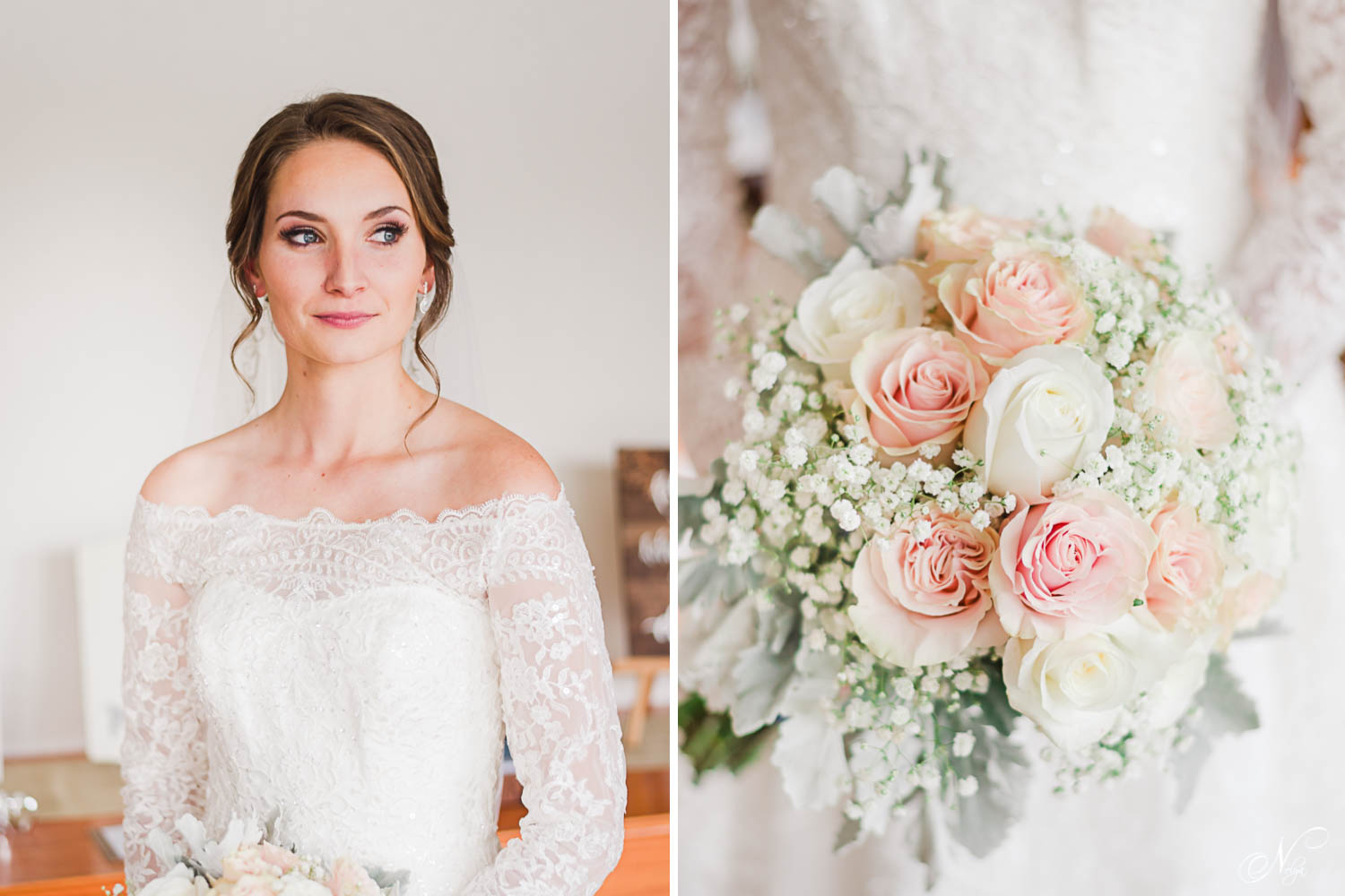 portrait of bride in off the shoulder dress at her september wedding in TN. And her pink and white rose bouquet.
