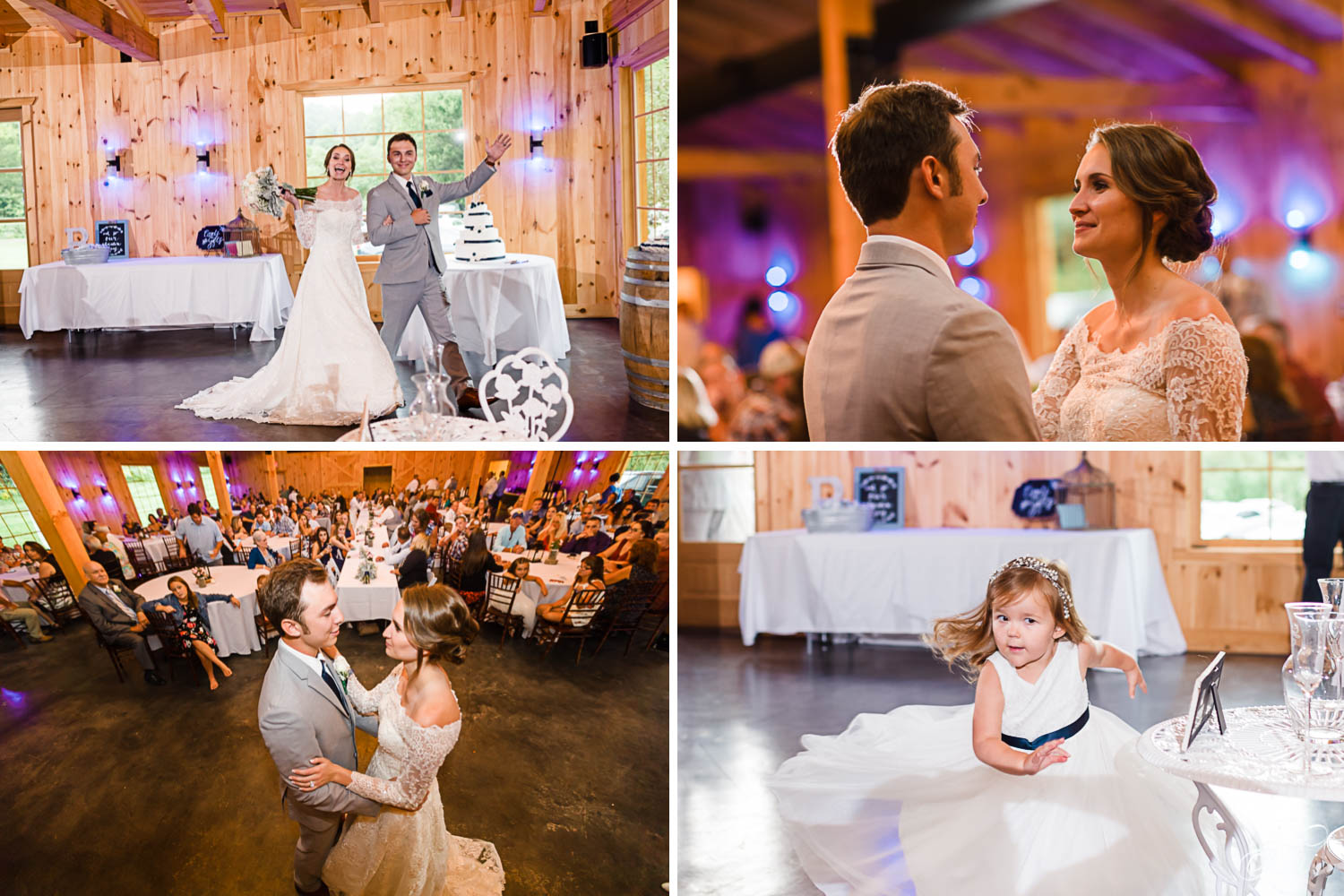 Brise and groom entering into indoor reception with purple up lighting at 4 Points Farm in Gatlinburg TN. And dancing their first Dance together as husband and wife. And little flower girl trirling around for all she's worth on the dance floor.