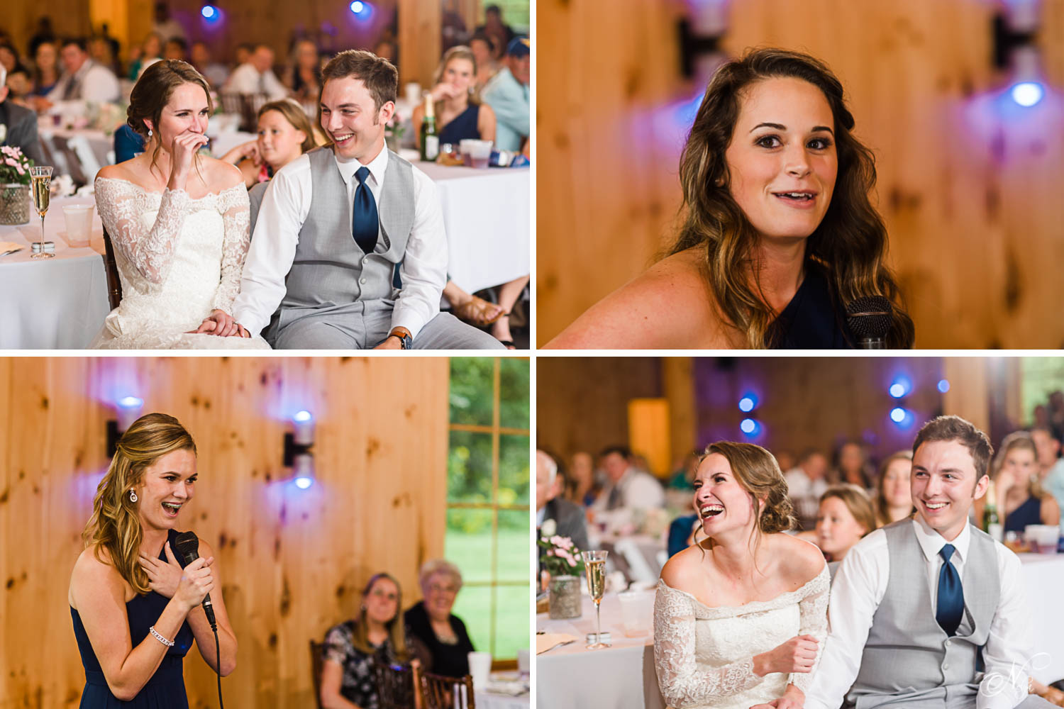 bride and groom's reaction to toasts from college frinds from ETSU at their wedding reception.