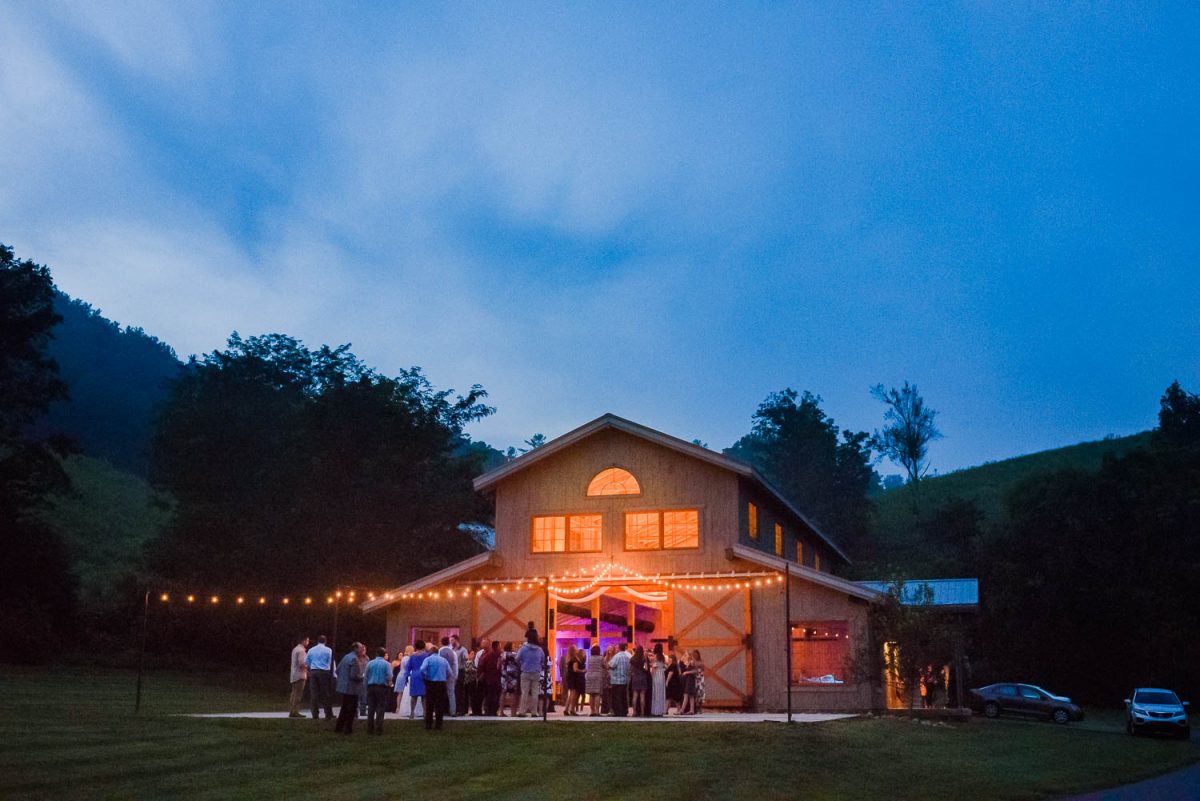 night time view of the venue at 4 Points Farm with a wedding reception in September.