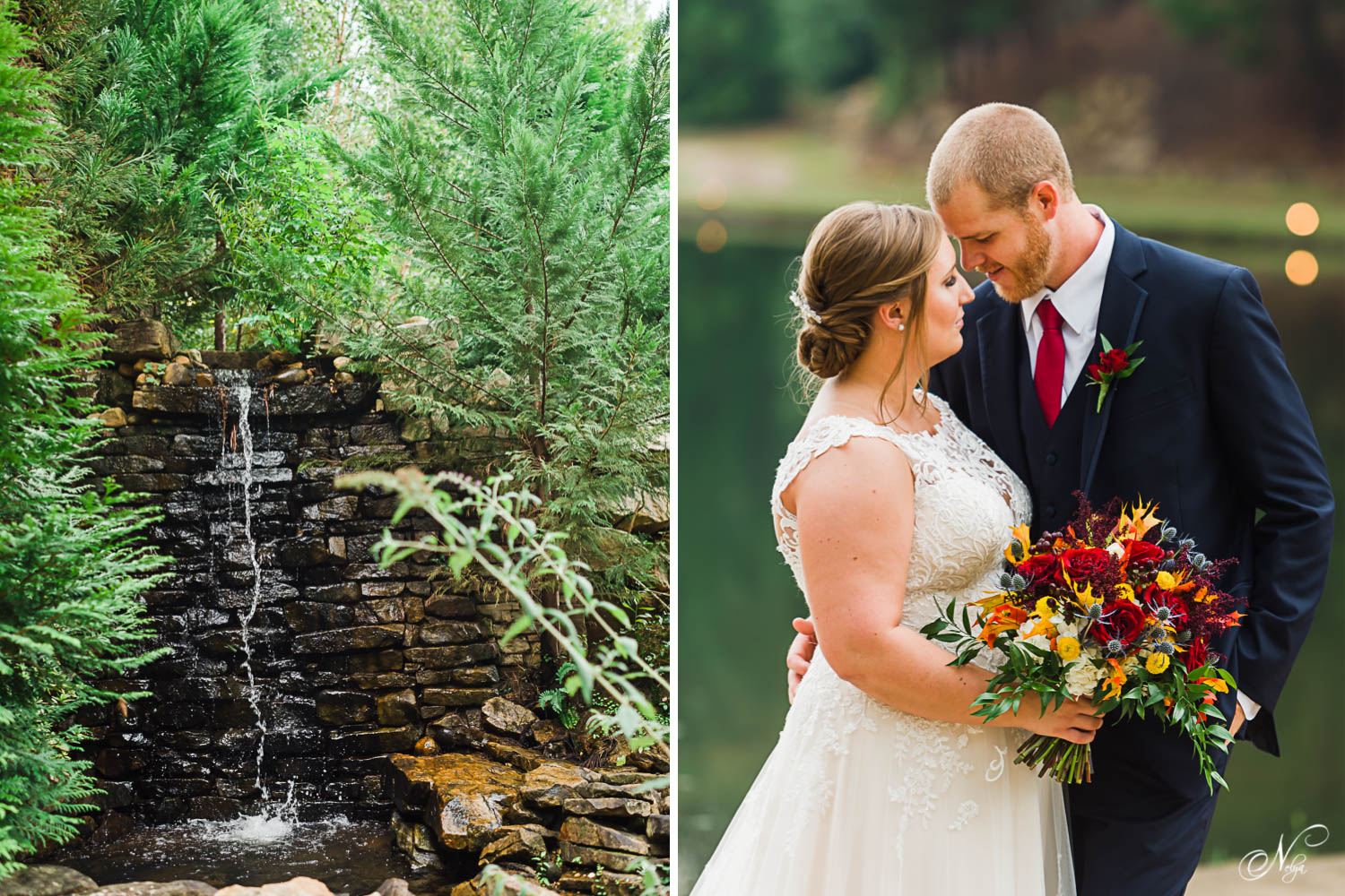 little water falls at Indigo falls in Dallas GA. And bride and groomforhead to forehead smiling at each other.