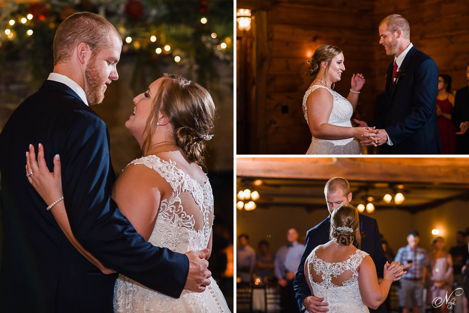 bride and groom dancing inside at the reception hall at indigo Falls in Dallas GA