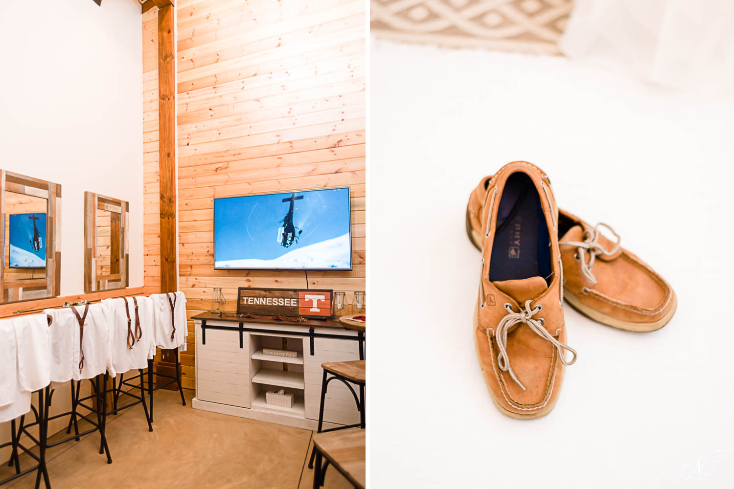 Inside of groom's suite at Hiwassee River Weddings in Dalano TN. and a pair of Sperry's shoes.
