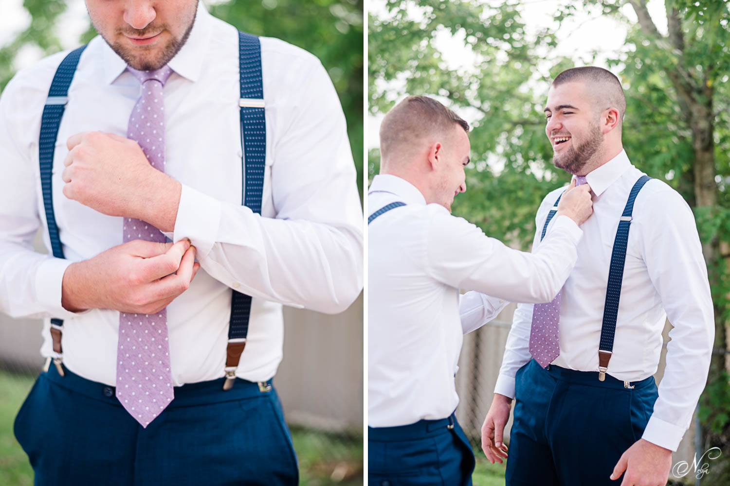 groom buttoning up his cuffs wearing lavendar necktie and navy blue suspenders