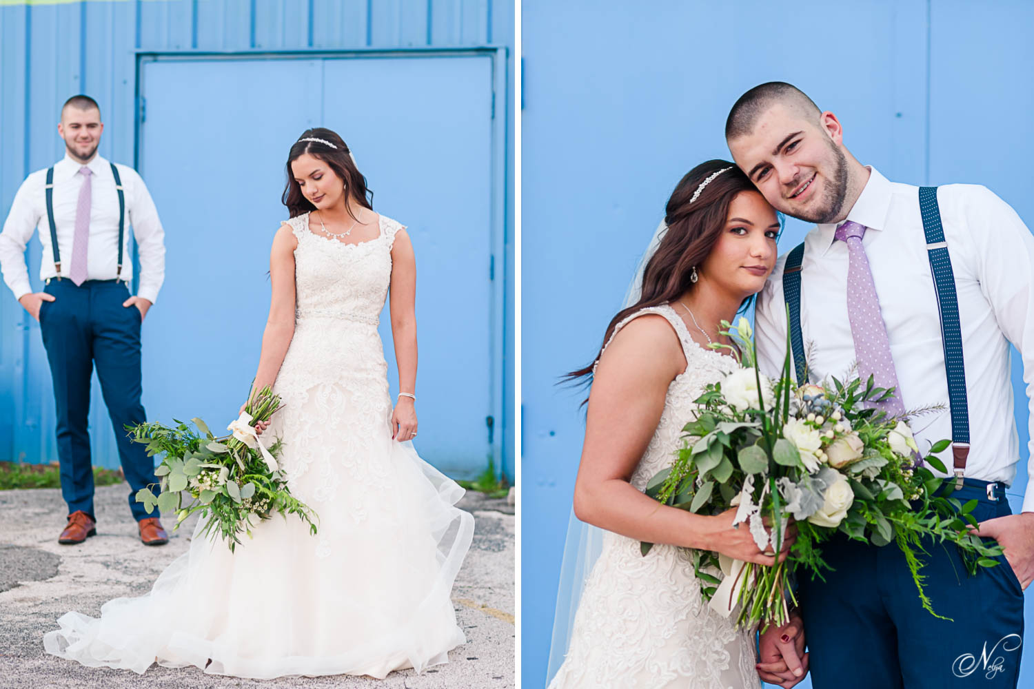 bride standing holding her bouquet and groom in the background admiring her. And wedding couple portrait in front of bright blue wall in Knoxville TN.