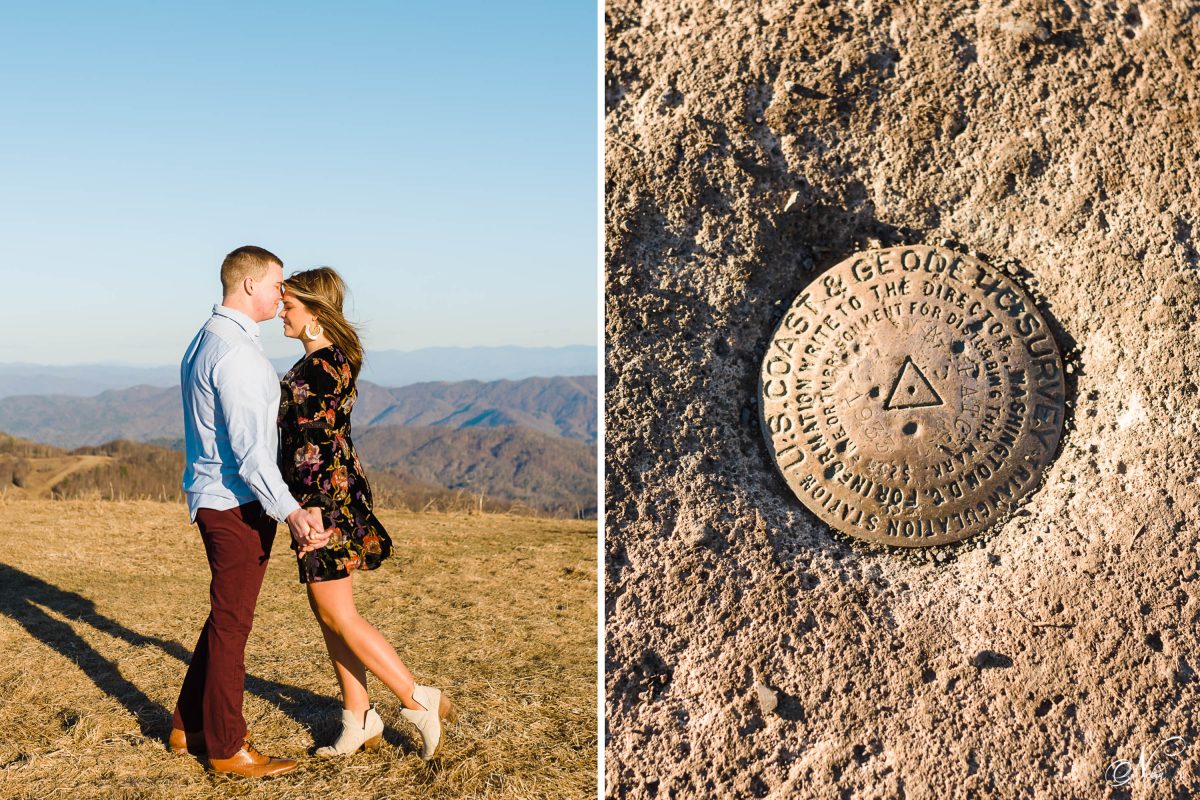 prewedding photos on top of Max Patch in the winter. And the top of mountain metal marker.