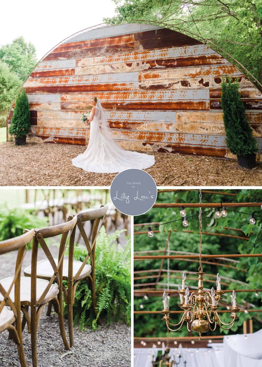 vintage roofing metal and bride in lace dress outside in North GA