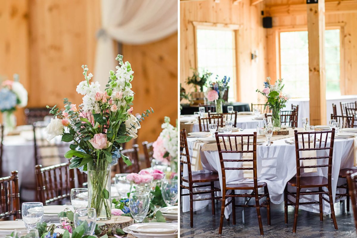 inside table decor at modern barn wedding
