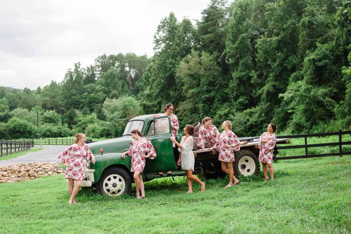 vintage green truck with bridesmaids in Gatlinburg TN