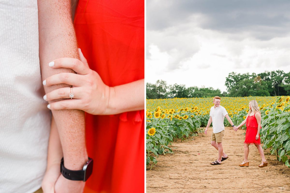 engagement ring on girl's hand. And people walking in a sunflower field