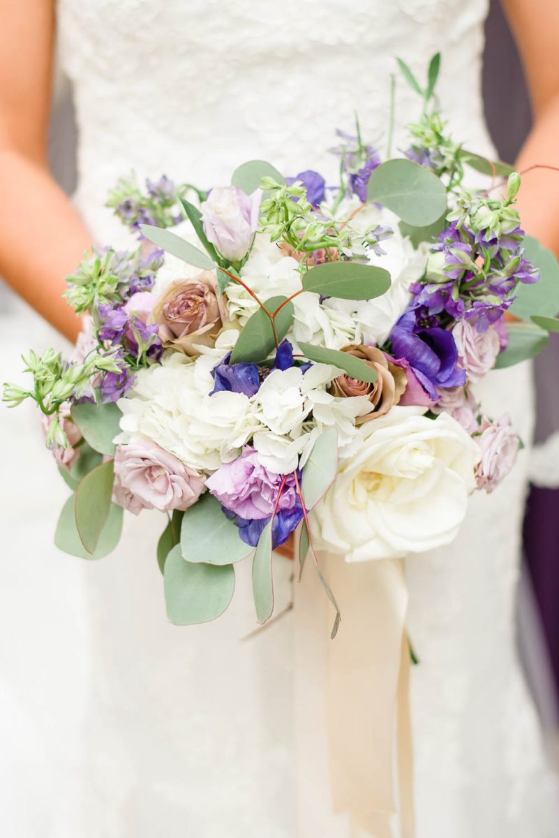 purple and white wedding florals